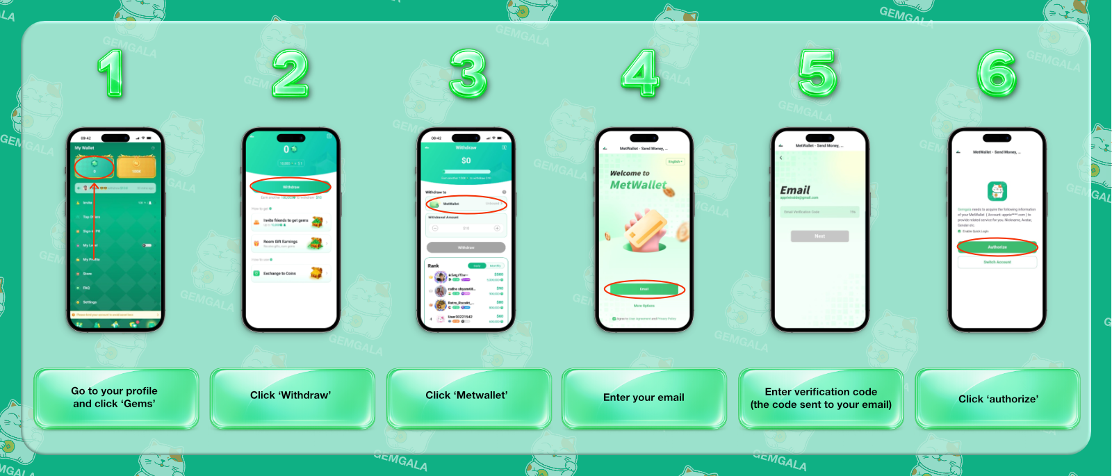 Gemgala linking MetWallet tutorial steps for withdrawing agency earnings