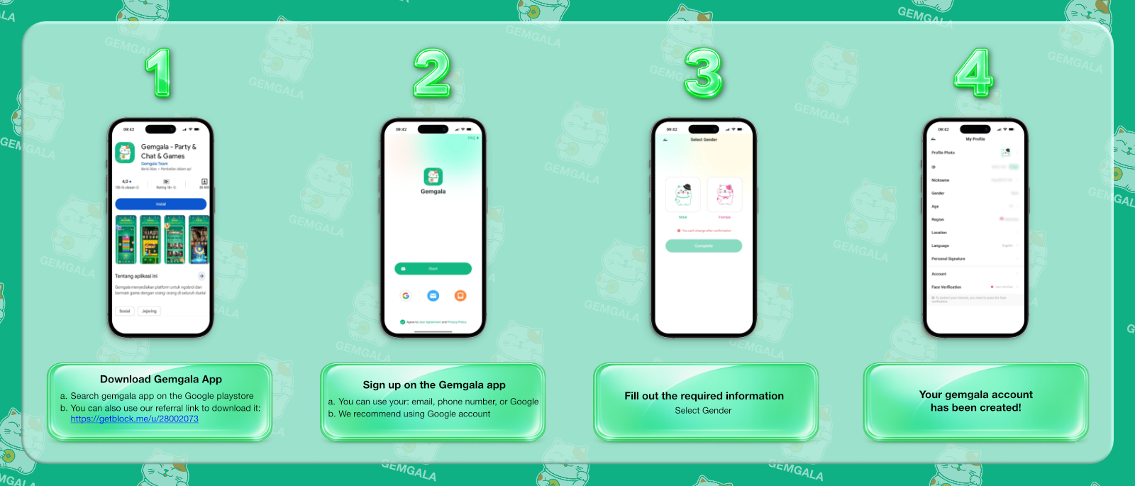Gemgala Agency registration tutorial steps showing app download, signup, gender selection, and profile setup